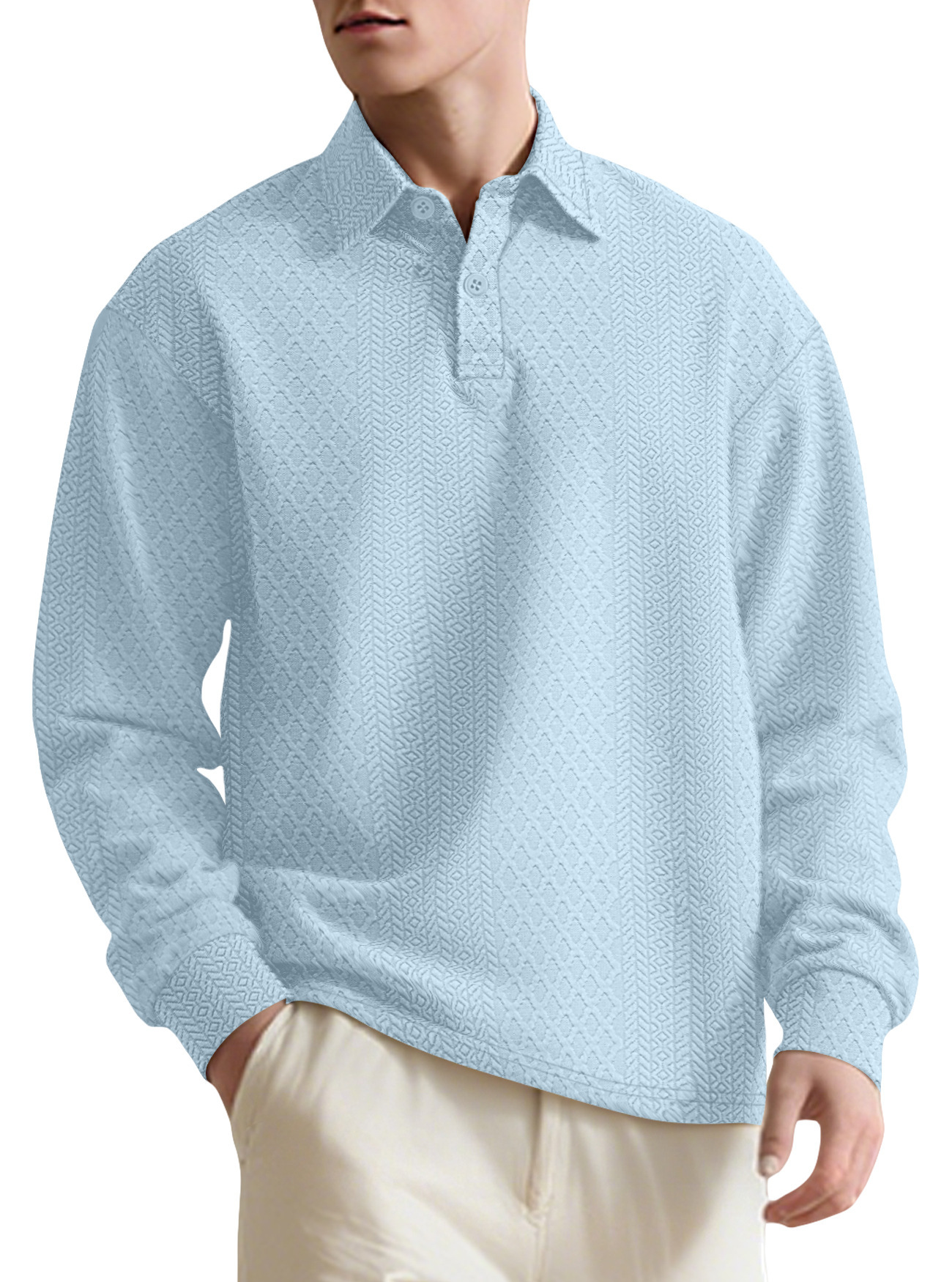 Textura transfronteriza Jacquard sólido hombre polo de manga larga comercio exterior Amazon botón nuevo cuello suelto camiseta hombre