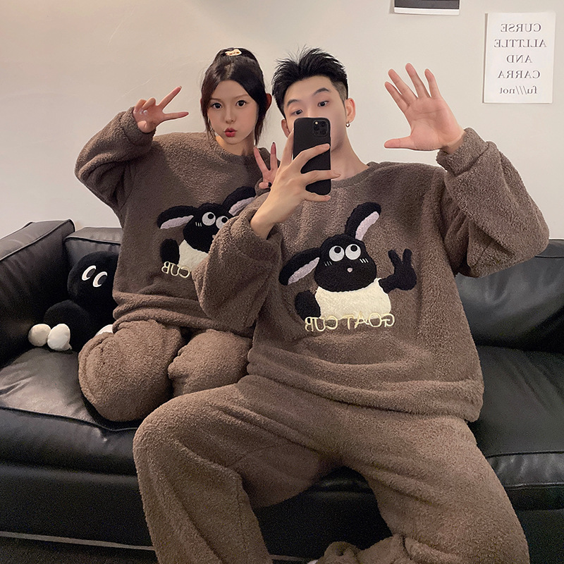 Half Velvet Pajamas Couple Wear Winter Pullover Fleece-Lined Thickeneded Women's Warm Home Clothes Men's Wearable Suit