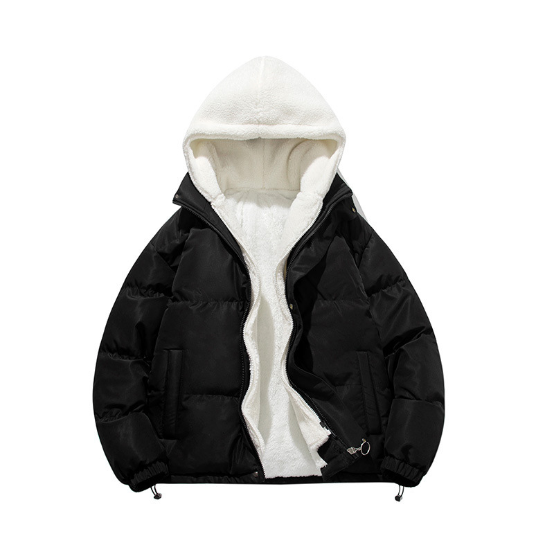 Gefälschte zweiteilige Baumwollwattierte Jacke, Herren-Baumwollwattierte Jacke mit Kapuze, lockere Baumwollwattierte Jacke für Paare, Lammwolle, wattierte Jacke_voghion.com
