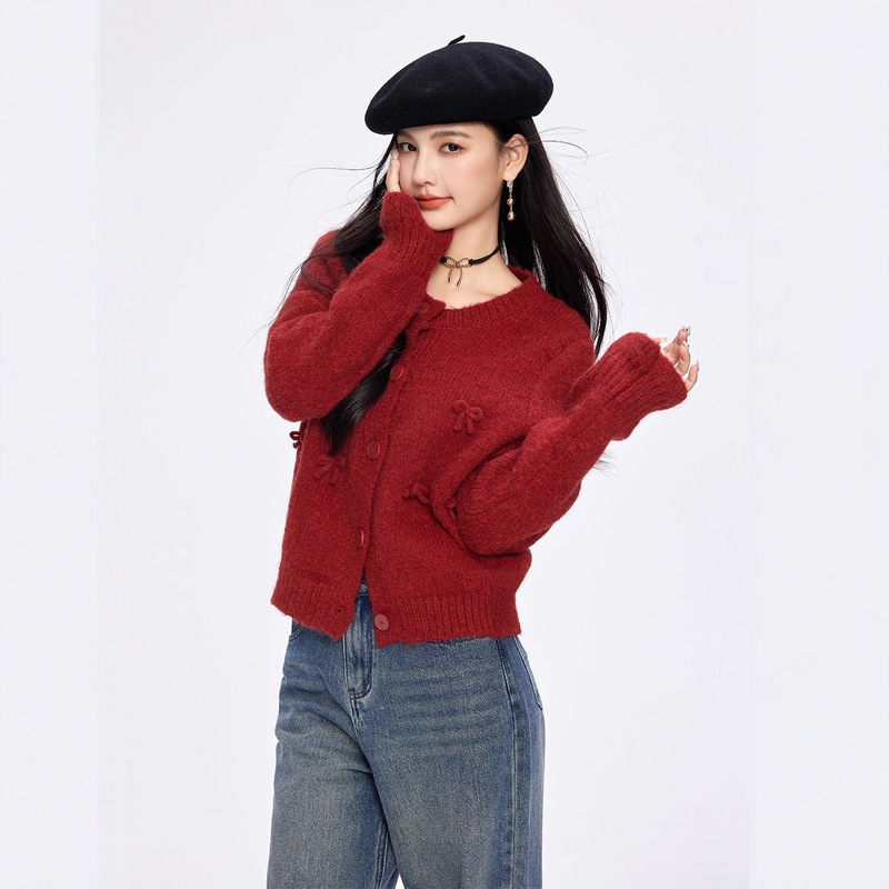 气质红色小香风蝴蝶结针织开衫毛衣女2025秋季款圆领长袖漂亮上衣|undefined