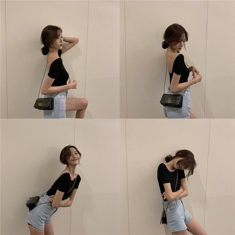 Summer High Waist Chic Slimming Tight Sexy Big Backless Short All-Match Elegant Short-Sleeved T-Shirt Cotton Top Women's T-Shirt