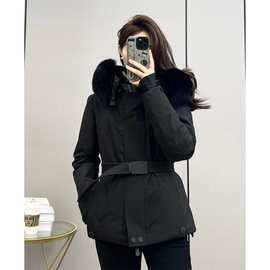 法式轻奢狐狸毛领修身收腰保暖羽绒服外套女防风防雨黑色滑雪服冬