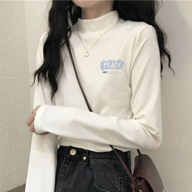Velvet Base Shirt fleece-lined Thickened Women's Printed Inner Half-High Collar T-Shirt Warm Clothes for Autumn and Winter