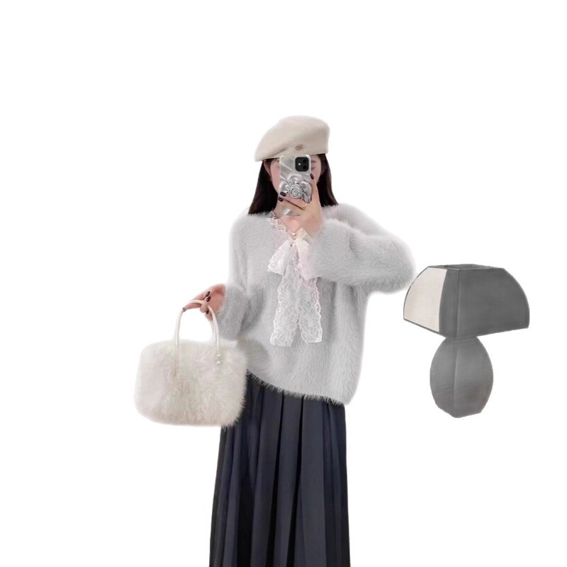 慵懒风蕾丝花边拼接针织衫上衣女秋冬新款宽松仿水貂绒毛衣|undefined