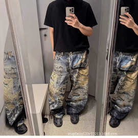 AC风格25SS牛王破坏手绘涂鸦3D印花baggy宽松直筒牛仔日式复古风