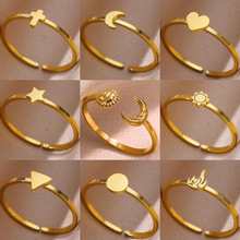 跨境镀金不锈钢戒指女十字架月亮几何素圈情侣指环心形几何图案
