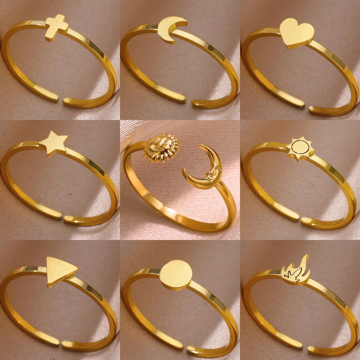 Cross-Border Gold-Plated Stainless Steel Ring for Women, Cross, Moon, Geometric Plain Ring, Couple Ring, Heart-Shaped Geometric Pattern