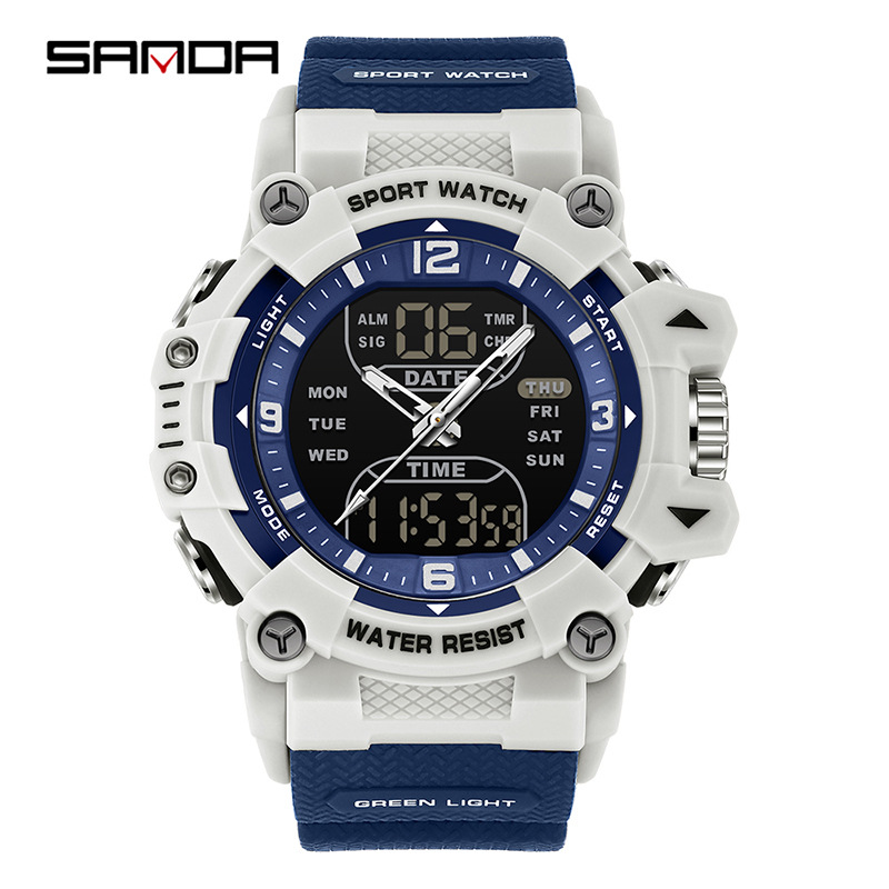 SANAD Sanda Dual Display Deportivo Estudiante Multifuncional Luz Nocturna Tres Destinados Reloj de pulsera Reloj electrónico de segmento impermeable