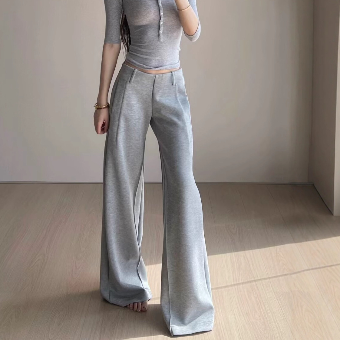 European and American Cross-Border Women's Fashion Flared Floor-Length Pants for Tall Individuals, High-Waisted Straight Loose Drape Extended Casual Wide-Leg Pants