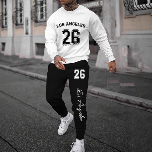 Fashion 3D Printed Sporty Casual Sweatshirt and Pants Set for Men - Autumn Round Neck Simple Letter Print with Gradient Design