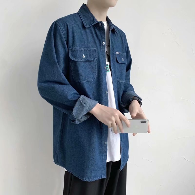Camisa de mezclilla de primavera y otoño de los hombres camisa de manga larga estilo coreano de moda guapo camisa casual de los hombres delgada capa a juego