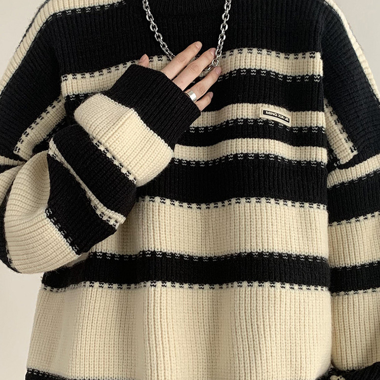 Prendas de punto retro americanas huecas a rayas de colores otoño e invierno nuevo estilo estilo de Hong Kong solapa suéter casual suelto estilo de moda