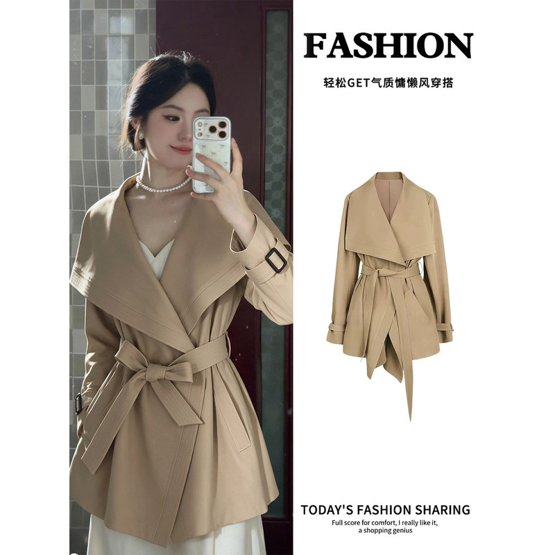 Khaki short trench coat for women, autumn 2026 new model, super stylish for petite figures, perfect for early autumn outfits Khaki short trench coat for women, autumn 2026 new model, super stylish for petite figures, perfect for early autumn outfits