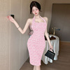 Sexy Hanging Neck Style Slim Fit Open Back Printed Wrapped Hip Dress