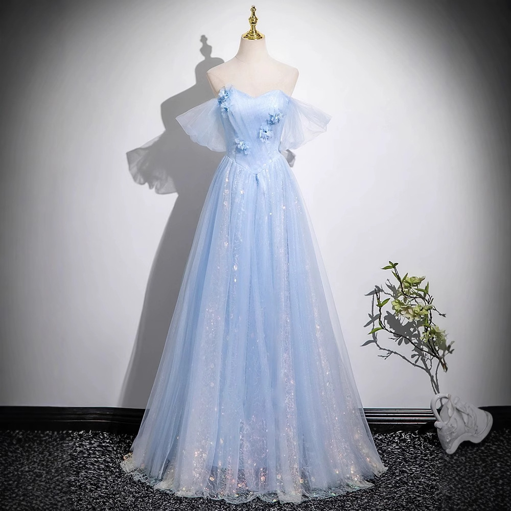 Blue Evening Dress Elegant Host One-Shoulder Dress Female New Adult Fairy Fluffy Evening Dress Skirt
