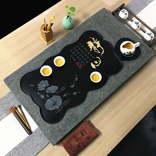Natural Black Gold Stone Tea Tray, Whole Piece of Raw Stone, Home Light Luxury Office Reception Small Tea Table with Drainage and Embedded Design