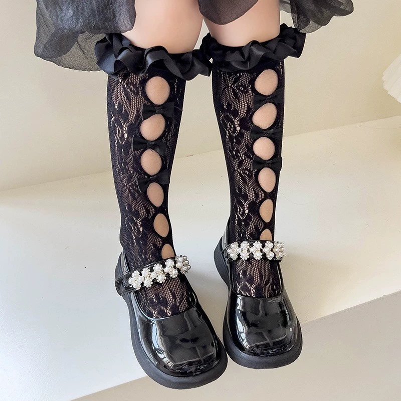 Летние тонкие детские гольфы с бантом, стильLolita, средняя длина