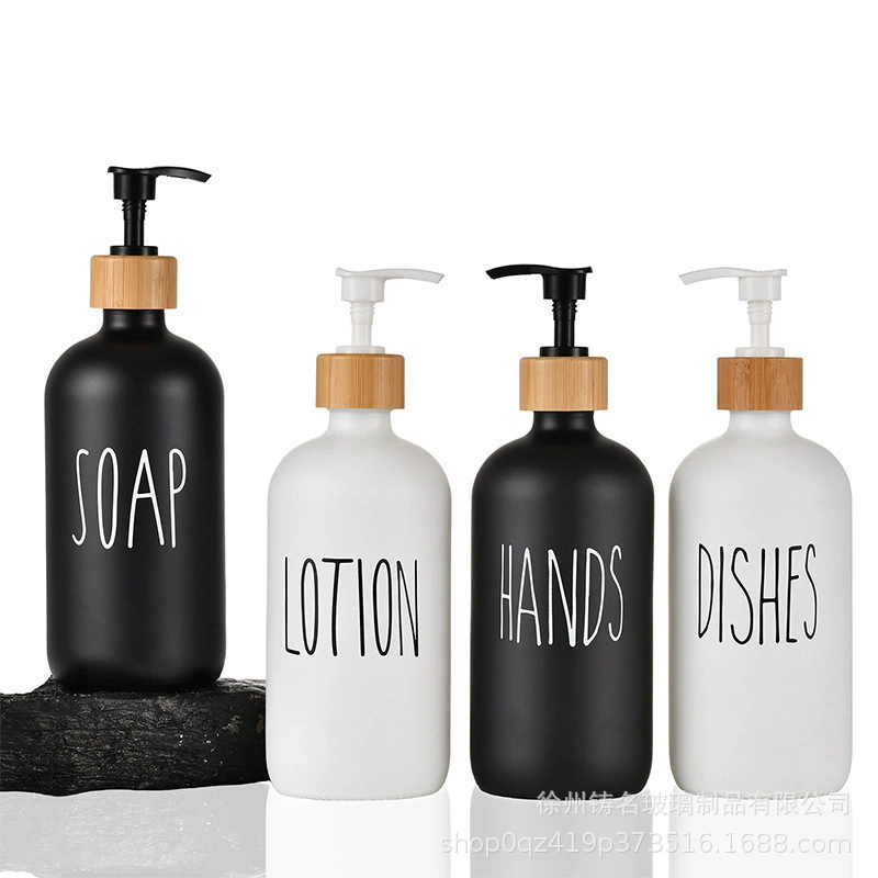 Трансграничная бутылка для геля для душа Amazon на 16 унций, стеклянная бутылка для дезинфицирующего средства для рук, бутылка для дозаправки, черно-белая бостонская бутылка, насосная головка из бамбукового дерева