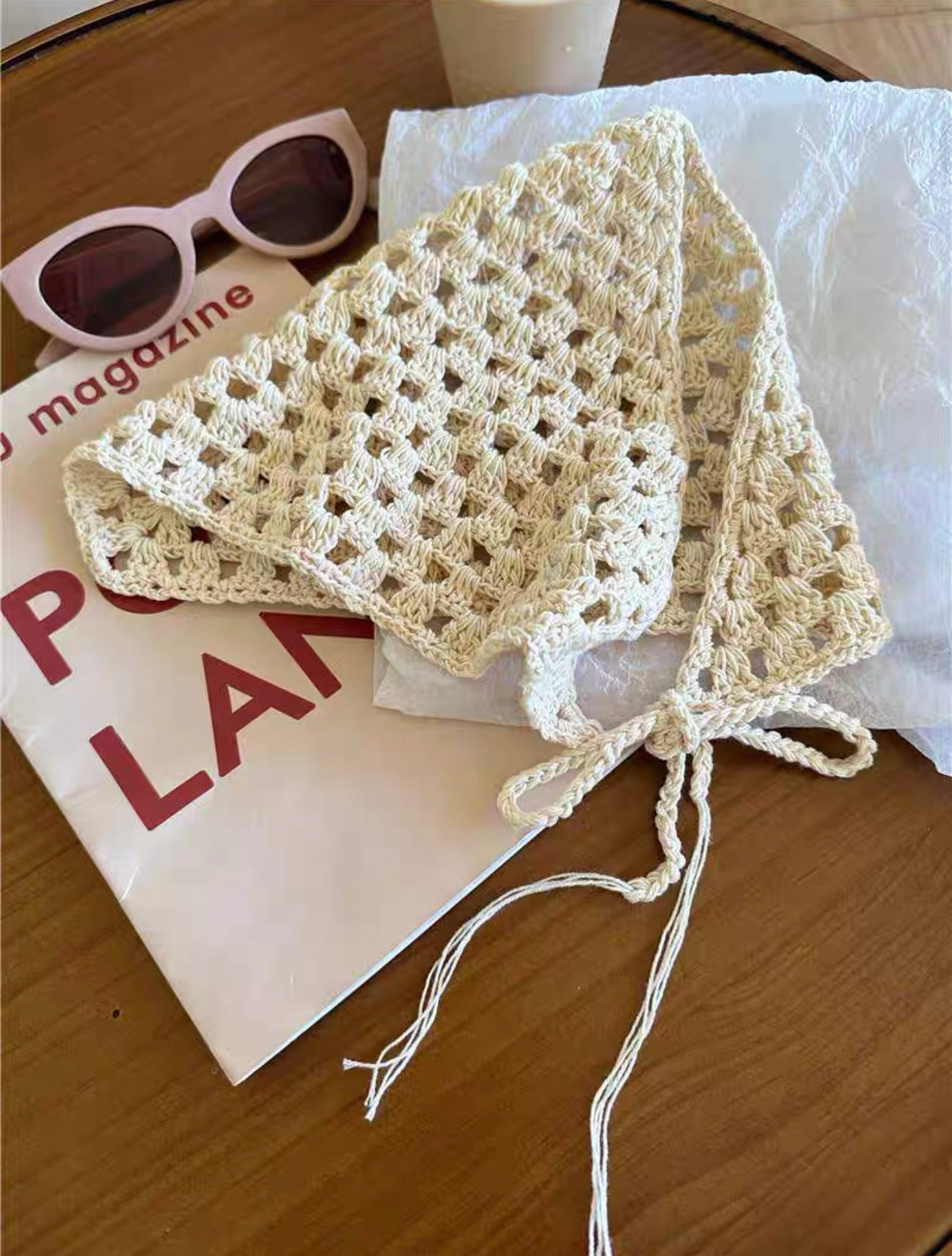 Francia cereza toallas triangulares mujeres primavera y otoño viajes padres-hijos gancho de punto flores hueco pañuelo de arte correa de pelo gorro