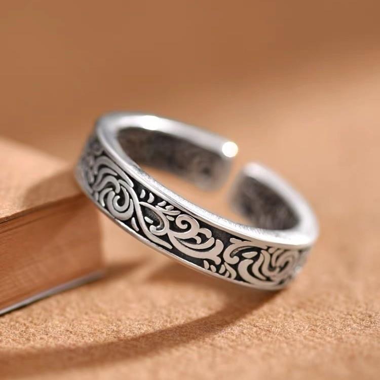 Thai Silver Retro Tang Grass Pattern Ring Men's and Women's Ancient Method Old Crafts National Fashion All-match Male Finger Ring Bracelet