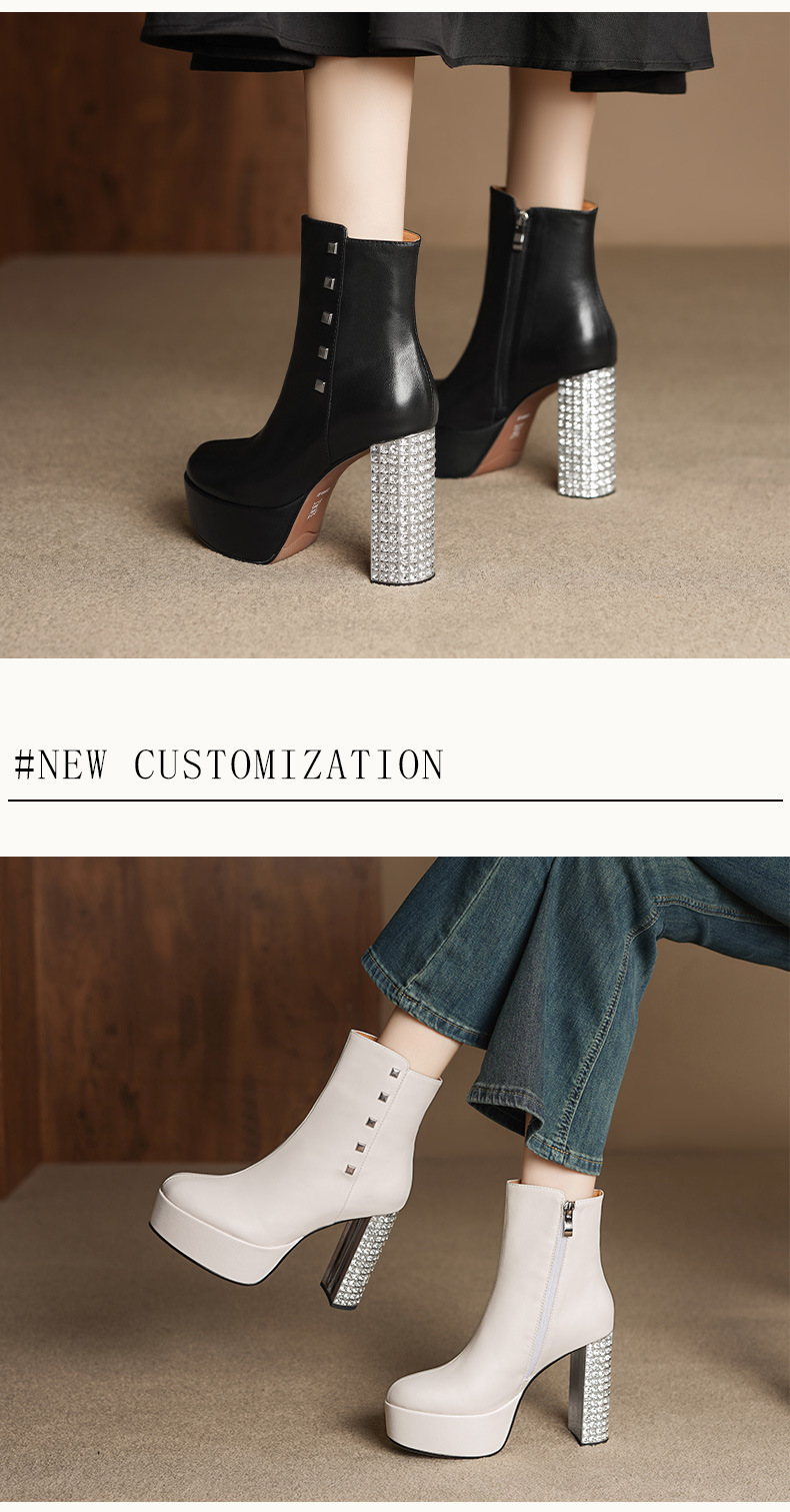Boot nữ cổ thấp gót siêu cao 11 cm đế platform da bò đầu, đính đá pha lê — Lớp lót nhung đen chi tiết 5