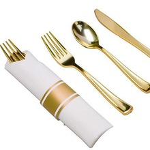 亚马逊一次性塑料银色刀叉勺餐巾纸套装婚礼派对餐饮装饰餐具三件