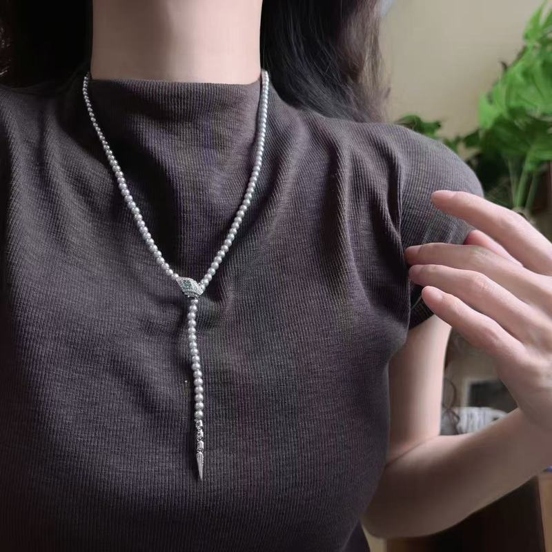 银色微镶锆石绿灵蛇灰珍珠项链女小众轻奢设计高级感气质百搭颈链|undefined