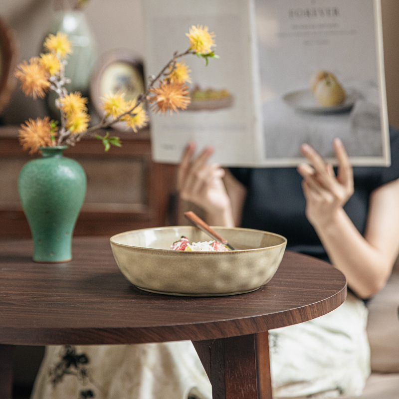 Plato de plato grande con patrón de agua retro Plato profundo de 8 pulgadas Plato de sopa de cerámica grande Exportación transfronteriza Plato de cocina de alto valor para restaurantes