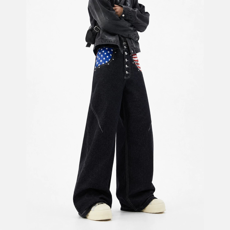American High Street Style 3D Printed Button Front Wide-Leg Jeans Unisex Loose Fit Versatile Cleanfit Pants