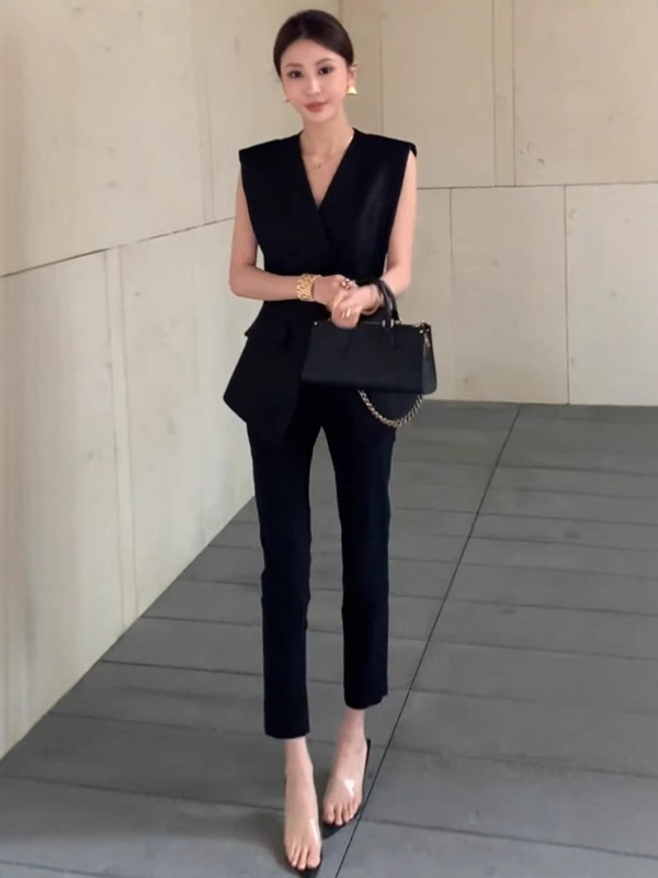 小柄な人向けの夏服、軽い高級感、高級感、フェミニン、スマートで気質のある、超人気のウエストベストスーツのセット|undefined