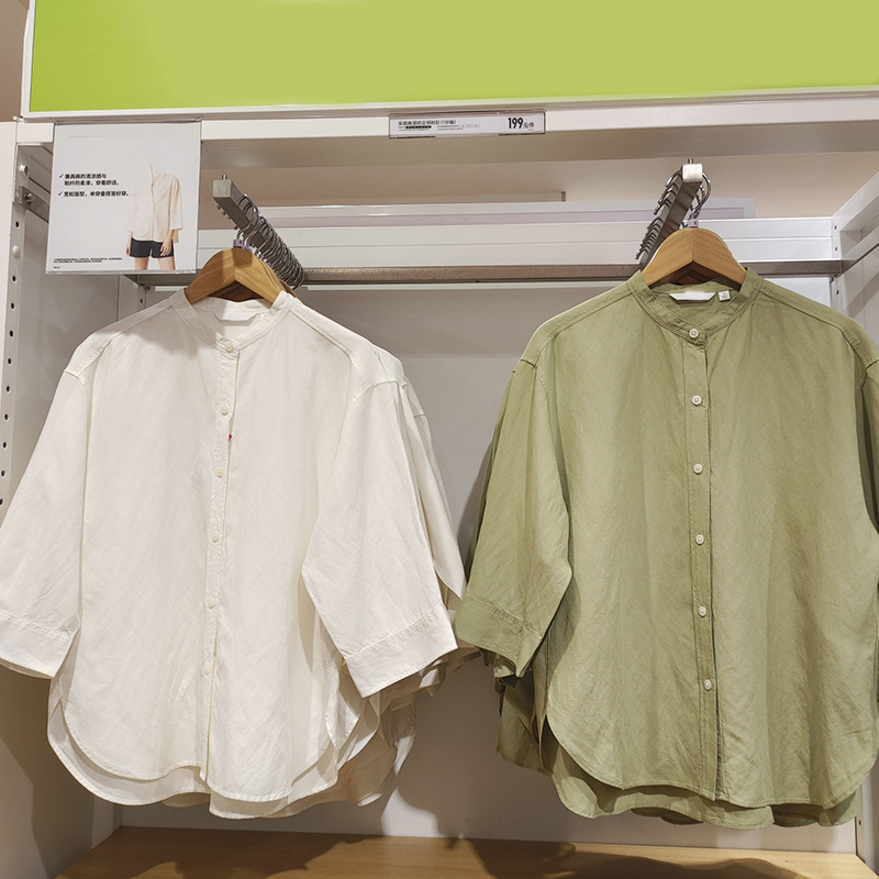 2024 spring new women's stand collar shirt 7 sleeve shirt top all-match air conditioning shirt thin coat S475653 2024 spring new women's stand collar shirt 7 sleeve shirt top all-match air conditioning shirt thin coat S475653