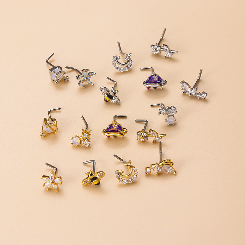 Fashion Flower Stainless Steel Plating Artificial Pearls Zircon Nose studs 1 Piece