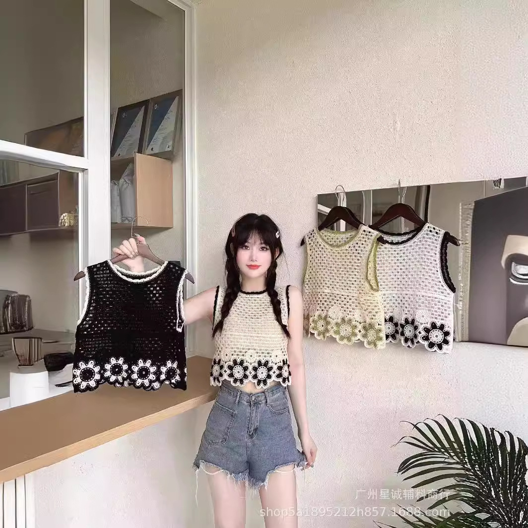 Bohemian Ethnic Style Sleeveless Knitted Vest Spring and Summer Outer Wear Hollow Thin Three-dimensional Flower Short Top for Women