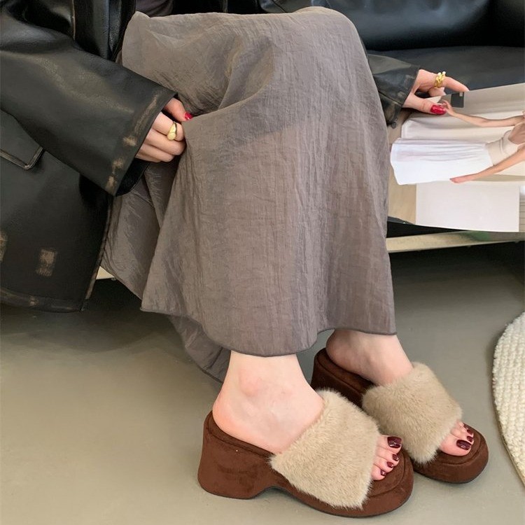 网红仙女风豹纹水貂毛一字拖毛毛鞋女外穿厚底增高坡跟居家棉拖鞋|undefined