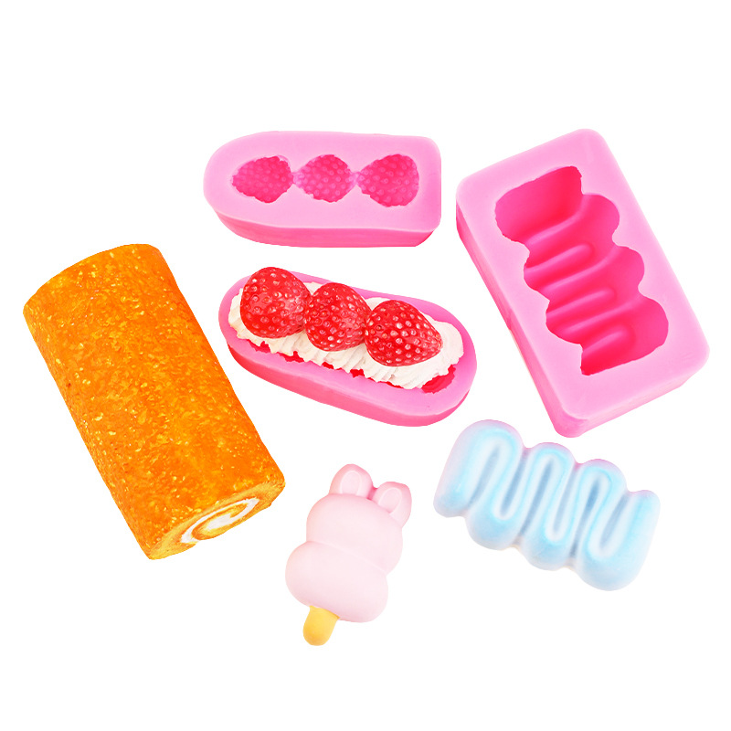 Helado de conejo de crema de rollo suizo 3 piezas de crema de fresa molde de silicona en forma de tira decorativa molde de pellizco de bricolaje