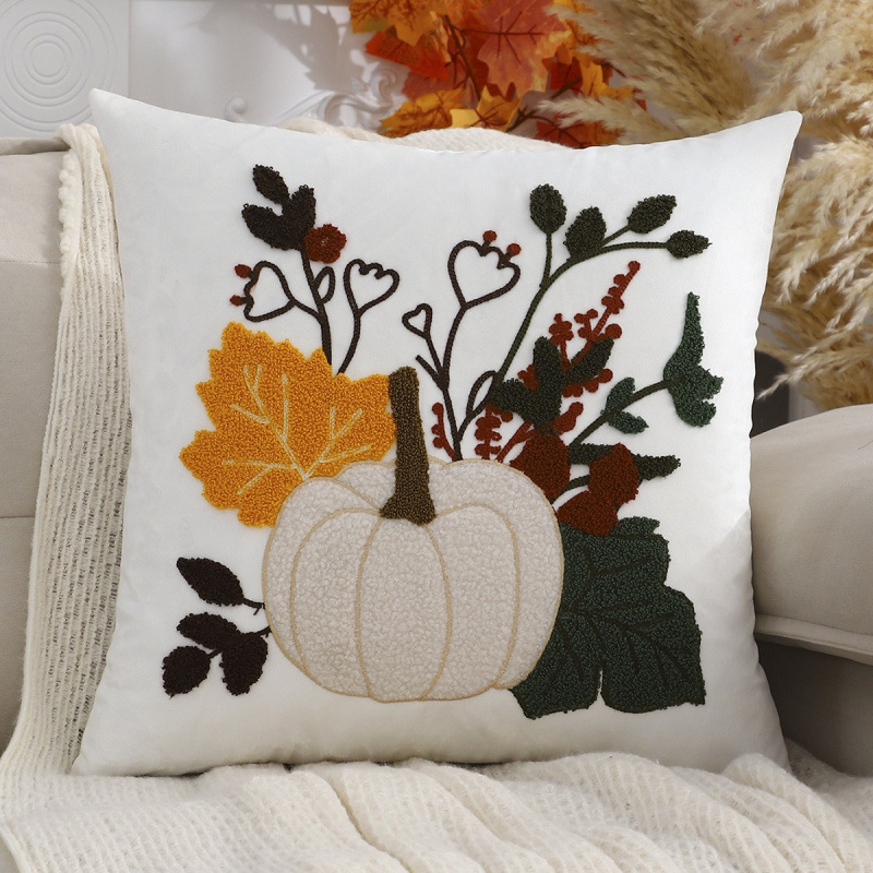 Halloween Autumn and Winter Decorative Velvet Embroidered Pumpkin Thanksgiving Cushion Cover for Sofa, Car, Maple Leaf Home Decor