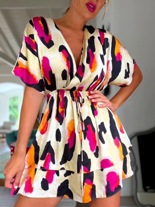 Abstract Print V-Neck Midi Dress With Tie Waist, Flowy Short Sleeve Summer Dress For Vacation & Casual Outings_ecoleips.com