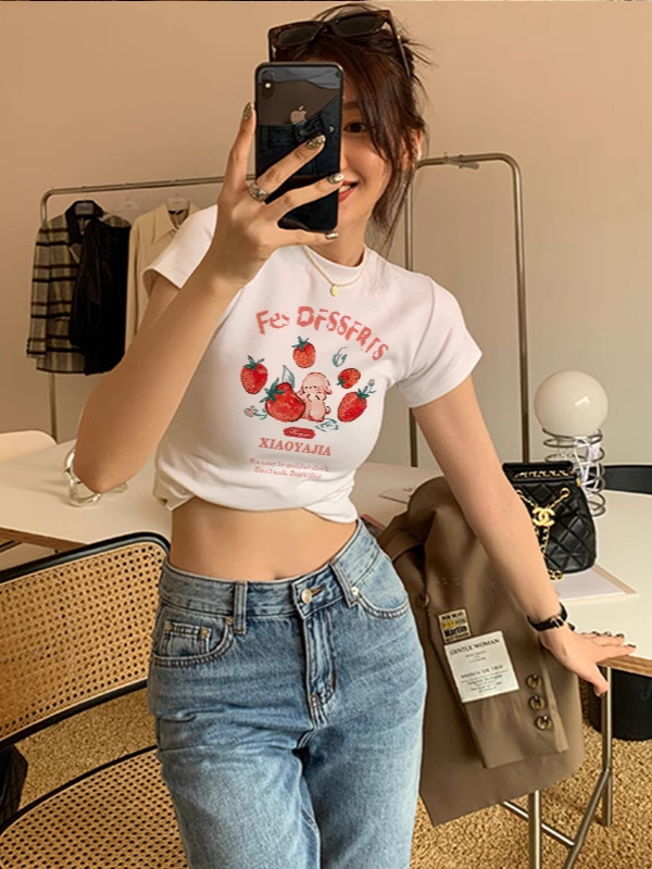 アメリカンレトロショルダー漫画イチゴバニー半袖Tシャツレディース夏の新しい甘いホットガールカジュアル多用途トップ|undefined