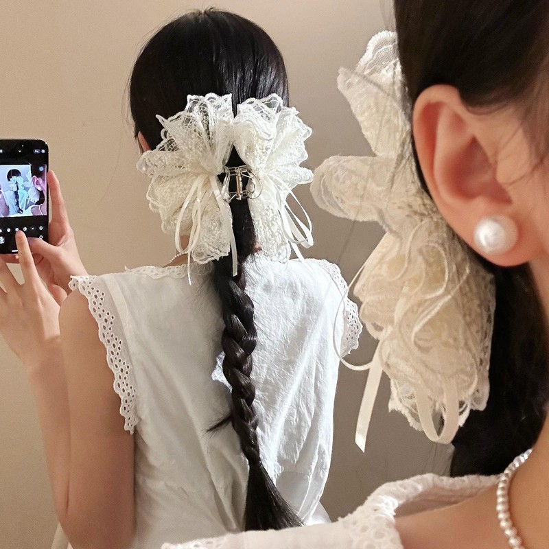 法式温柔米色蕾丝蝴蝶结抓夹女高级感百搭夹子头饰后脑勺鲨鱼夹|undefined