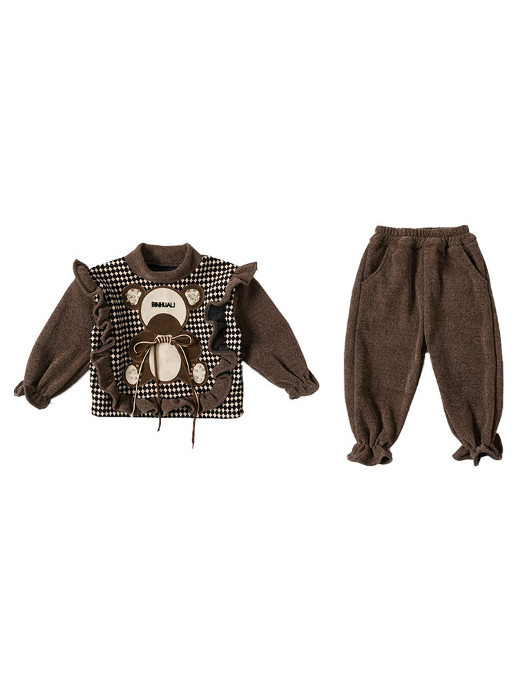 Girls plush hoodie for autumn and 2023 new children's trendy cartoon teddy bear winter two-piece set_voghion.com