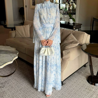 欧美女装法式水墨印花气质连衣裙2026新款立领长袖高腰露背长裙