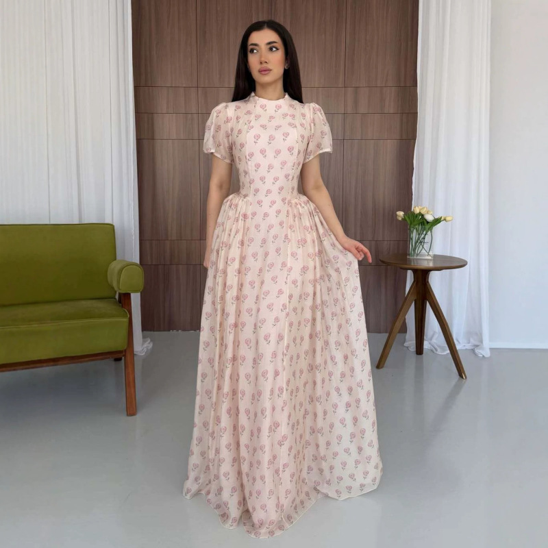 Gentle and Sweet Floral Loose-Fitting Slim-Fit Dress European and American Amazon Women's Clothing 2026 New Short-Sleeved Soft Long Dress