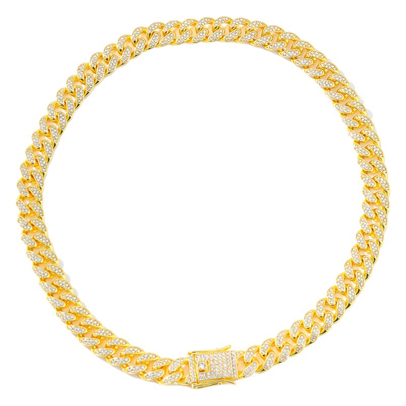 Hip-Hop Necklace Men's European and American Full Diamond Cuban Chain Ins Cool Stylish Accessories Zinc Alloy Jewelry Gold Chain
