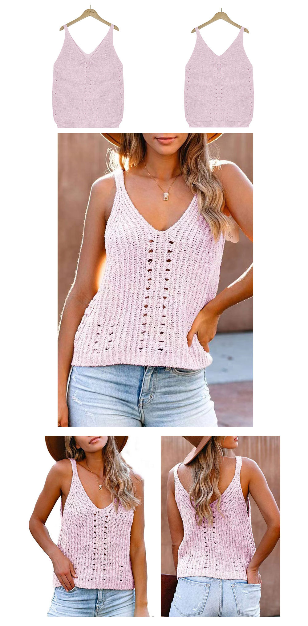 summer solid color ice silk knitted hollow vest NSWJY118389