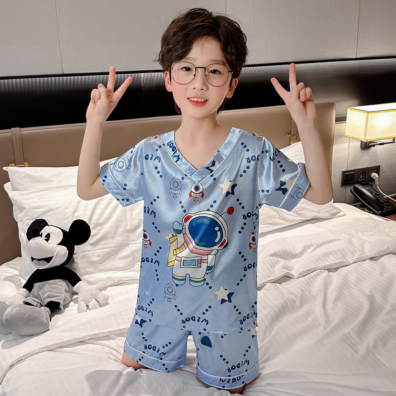 Pijamas de niños verano seda hielo pantalones cortos de mangas cortas set delgado niños grandes ropa de dibujos animados para el hogar