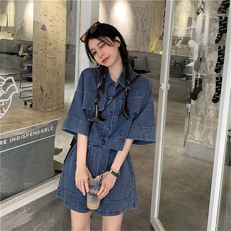 Age-Reducing and Stylish Retro Denim Suit for Women, Summer Five-Quarter Sleeve Shirt, Jacket, Top, Shorts Two-Piece Set