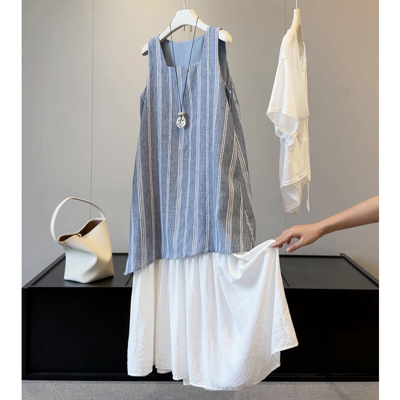 Blue Striped Patchwork Faux Two-Piece Sleeveless Dress for Women, 2026 Summer New Style, Fresh and Youthful Vacation Style Long Dress Blue Striped Patchwork Faux Two-Piece Sleeveless Dress for Women, 2026 Summer New Style, Fresh and Youthful Vacation Style Long Dress