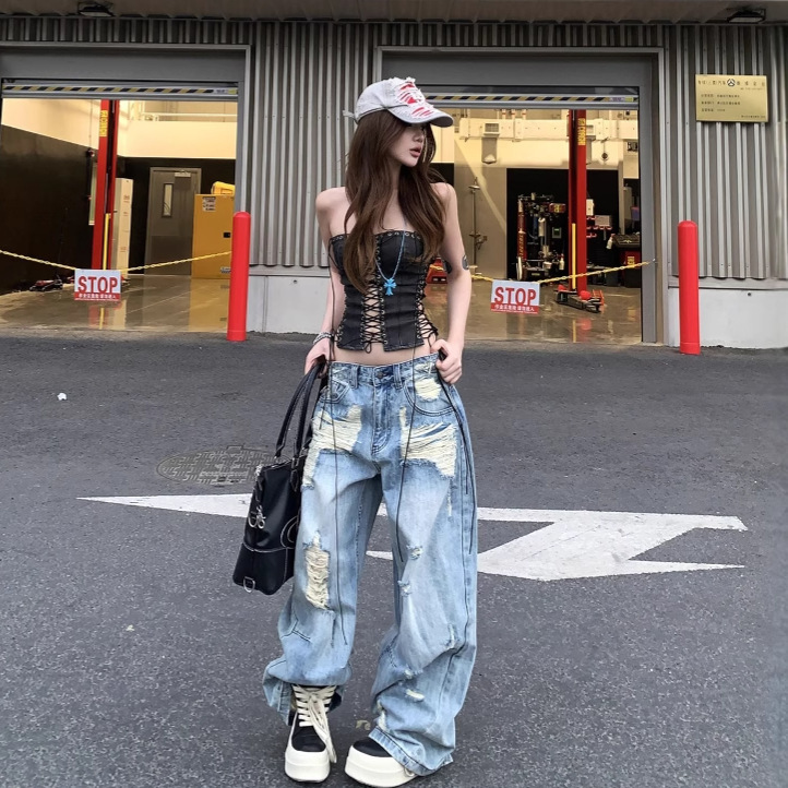 Spring and Summer New Style Hot Girl Hollow-Out Camisole Pu Leather Vest Top + Loose Washed Distressed Ripped Wide-Leg Jeans