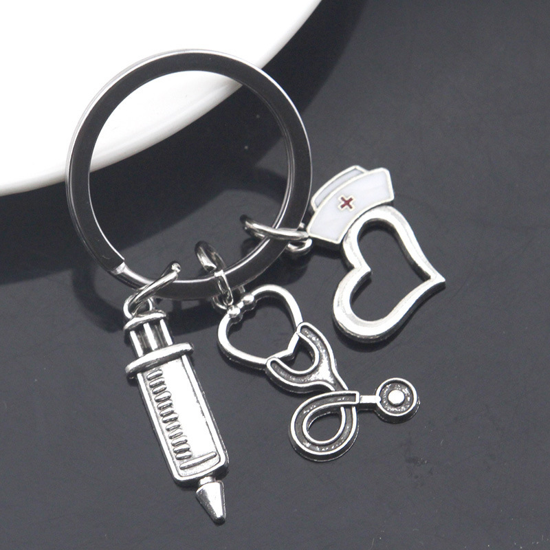 Creative Combination Three-piece Set Of Stethoscope Syringe Peach Heart Nurse Metal Key Chain Car Pendant Wholesale