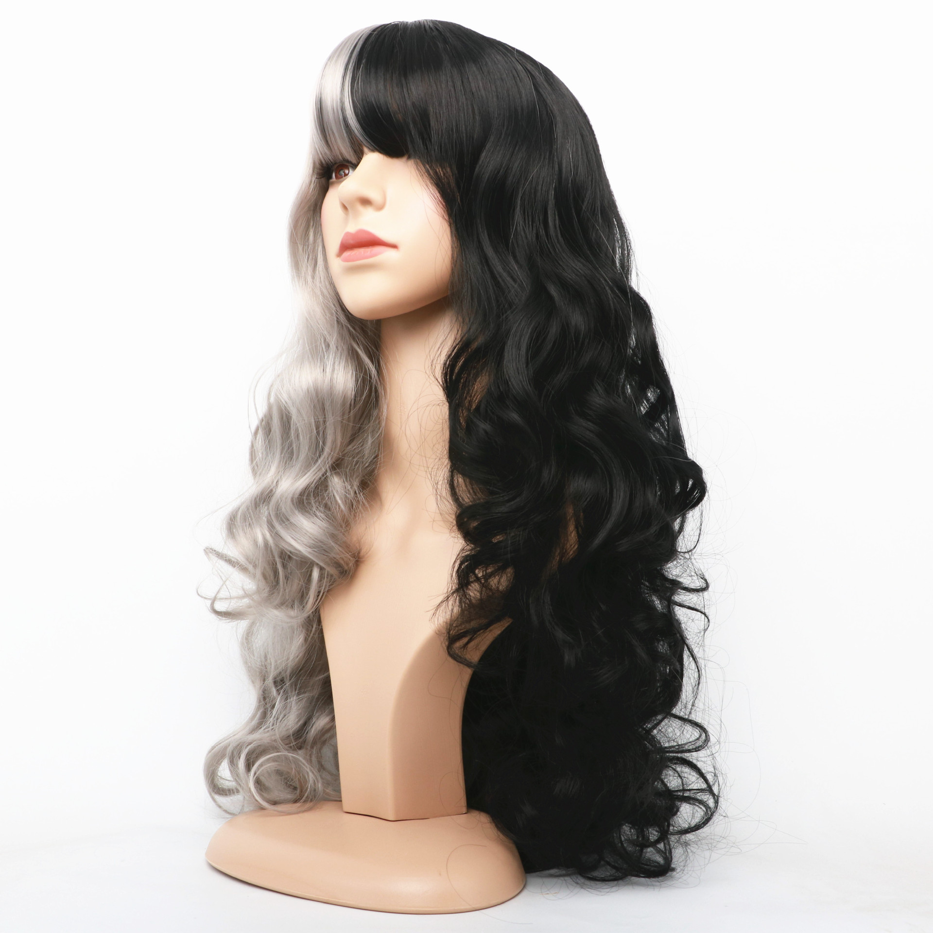 Synthetesch Perück Anime COS Perück Fraeperück Fake Schwaarz Wäiss a Gro Duebelfaarf Riicht Pony Laang Lockeg Hoer Set_voghion.com